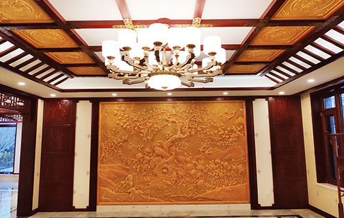 汤原中式别墅客厅中式木作横梁吊顶装饰展示